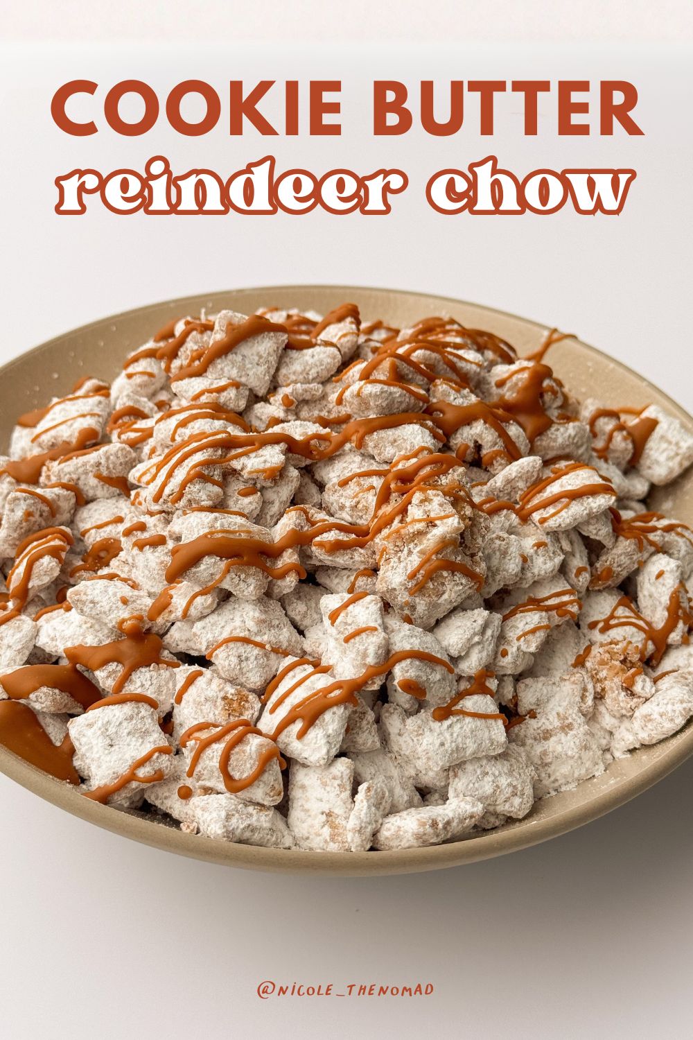 Cookie butter reindeer chow in a holiday bowl