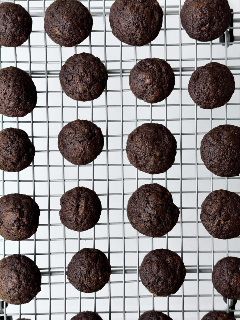 batch of chocolate banana sour dough discard mini muffins