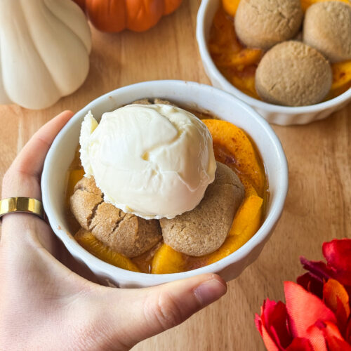 single serve peach cobbler with ice cream