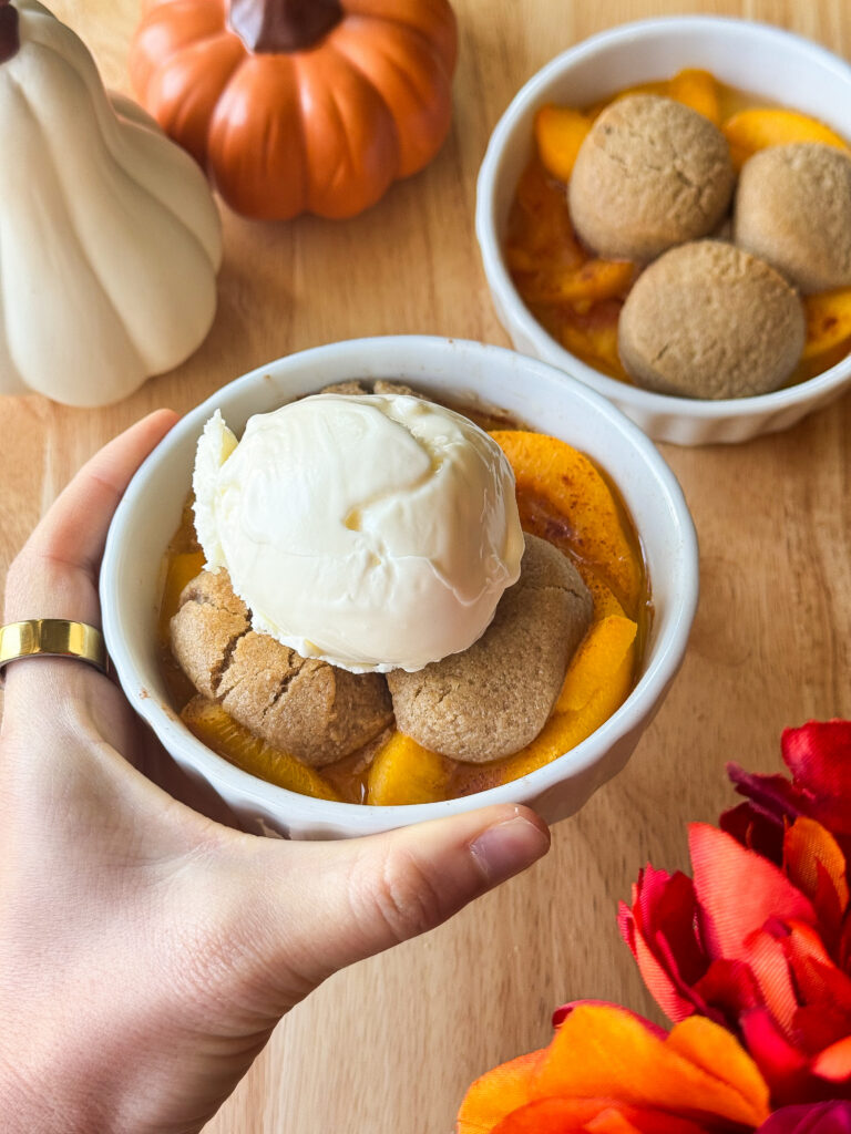single serve peach cobbler with ice cream