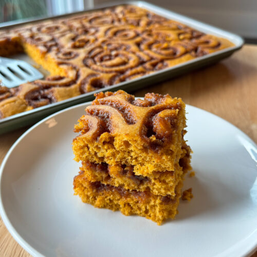 pumpkin cinnamon roll sheet pan pancake stack