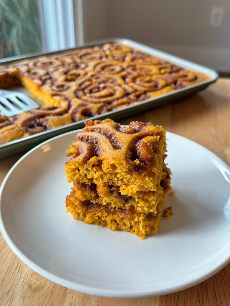 pumpkin cinnamon roll sheet pan pancake stack